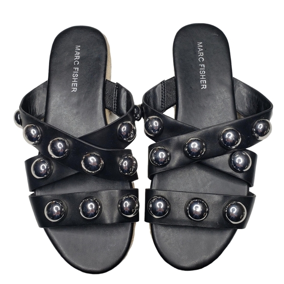 Marc Fisher | Prisca Black Vegan Leather Studded Open Toe Slip On Flat Sandals 6 - Picture 1 of 11